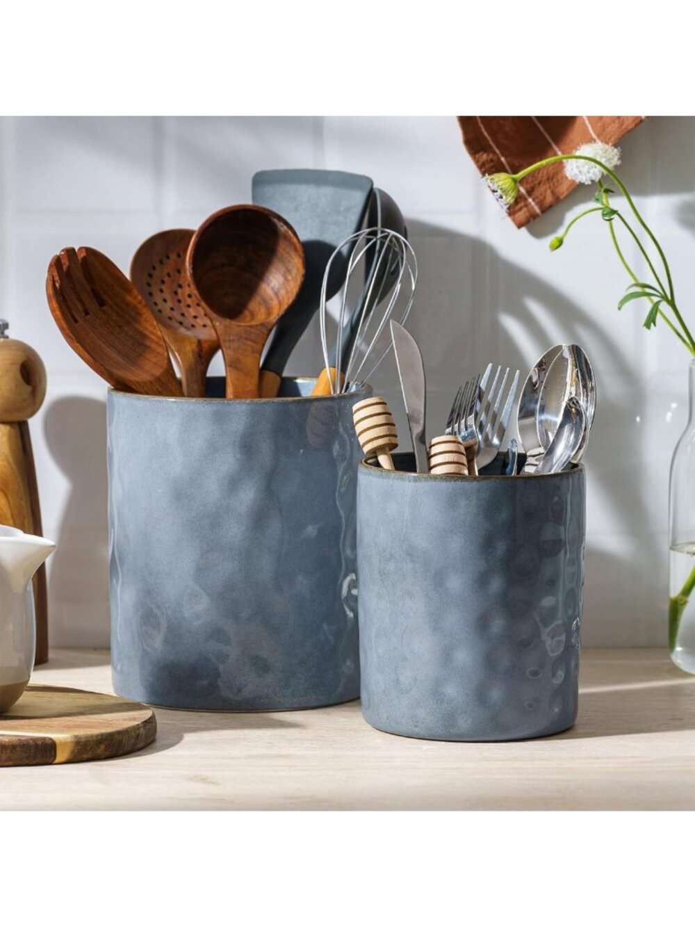 Stylish Ceramic Utensil Holder Set of 2, 7.2" & 5.8", Blue Kitchen Decor